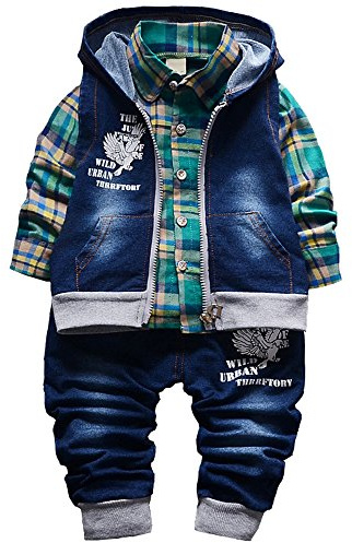 Yao 9M-5J Frühling Herbst Baby Jungen 3-teiliges Kleidungsset Baumwollhemd Jeans und Jeansweste(2-3J, Grün)