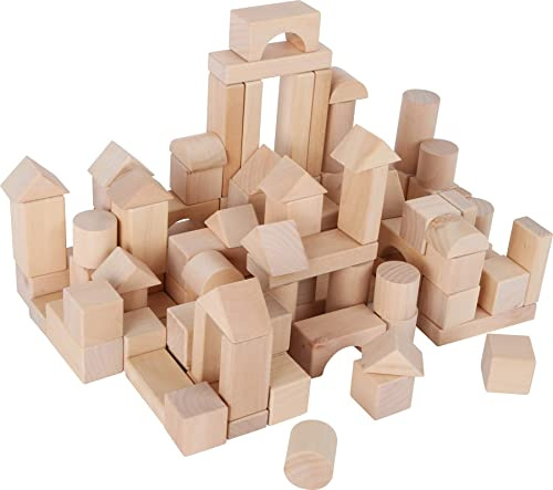small foot Naturbausteine aus Holz, 100 Bausteine in verschiedenen Formen, mit Leinenbeutel, ab 12 Monaten, Art. 7073 Toys, Einfarbig