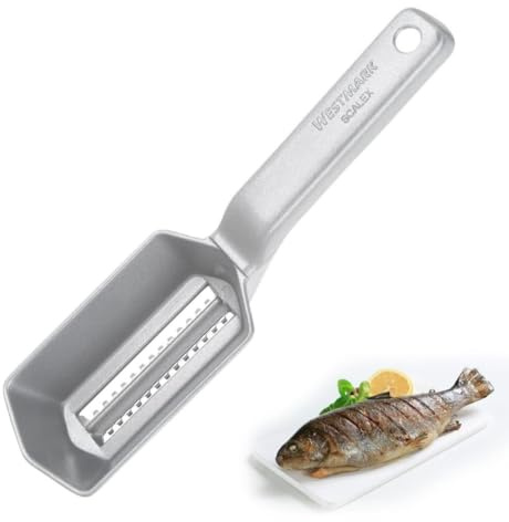 Westmark Fischentschupper mit Schuppenauffangschale, Aluminium, lebensmittelechte Spezialbeschichtung, Rostfreier Edelstahl, 21 x 5,9 x 5,3 cm, Scalex, Silber, 65002260