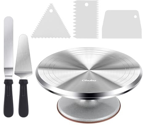 Ohuhu Tortenplatte Drehbar, Aluminiumlegierung Drehteller Torte 30 cm mit 2 Streichpaletten und 3 Teigschaber, Drehbare Tortenplatte für Tortendekoration & Backen, Geschenk für Familie & Freunde