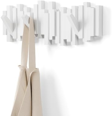 Umbra Stäbchen Garderobenhaken – Moderne und Platzsparende Garderobenleiste mit 5 Beweglichen Haken für Jacken, Mäntel, Schals, Handtaschen und Mehr, Weiss, 49 cm, Weiß
