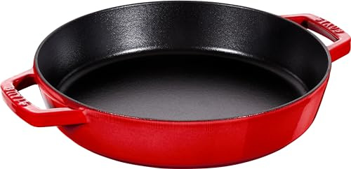 STAUB Bratpfanne/Paellapfanne/Schmorpfanne mit zwei Griffen, 34 cm, Gusseisen, mit mattSchwarzer Emaillierung im Inneren der Pfanne, für alle Herdarten inkl Induktion & Backofen, Kirschrot