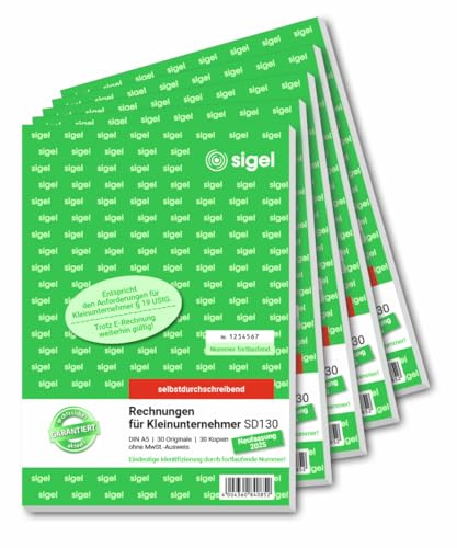 SIGEL SD130/5 Rechnungen für Kleinunternehmer A5, 2x30 Blatt, ohne MWST-Ausweis, selbstdurchschreibend, 5 Stück, mikroperforiert, mit Abheftlochung, aus nachhaltigem Papier, Rechnungsblock