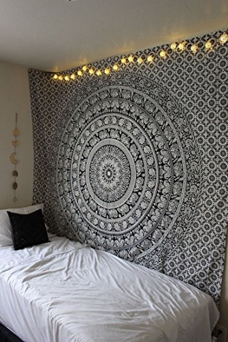 RAJRANG Boho Mandala Wandbehang Schwarz Weiß – Baumwolle Wandtuch 213 x 137 cm – Psychedelic Elefant Tapestry für Wohnzimmer Schlafzimmer Yoga Raum