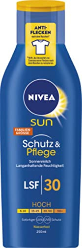 NIVEA SUN Schutz & Pflege Sonnenmilch LSF 30 (250 ml), Sonnencreme für 48h Feuchtigkeit, sofortiger Sonnenschutz mit hochwirksamem UVA/UVB-Filtersystem