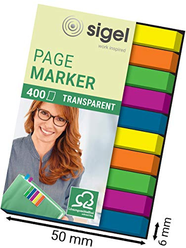 SIGEL Haftmarker transparent reißfest 400 Streifen 5 Farben | HN617, Rückstandsfrei wiederablösbar, extra schmales Format 6 x 50 mm