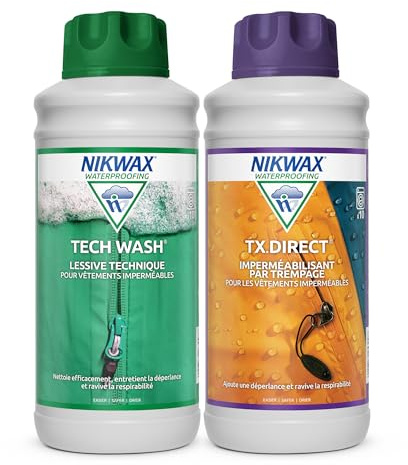 Nikwax Tech Wash und TX.Direct Wash-In Doppelpack 2 x 1L, Technischer Reiniger und Wash-In Imprägnierer für Wetterschutzbekleidung - reinigt, imprägniert, revitalisiert die Atmungsaktivität
