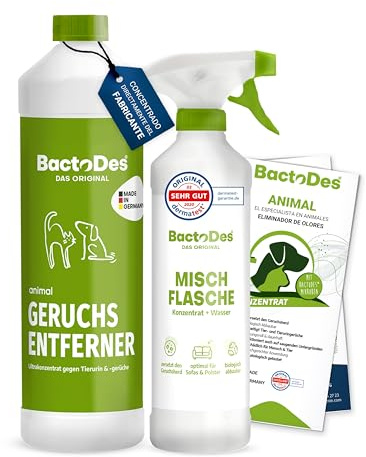 BactoDes Animal Geruchsneutralisierer 1L I Enzymreiniger mit biologischer Mikrobenkraft & Tiefenwirkung inkl. Spray-Mischflasche I Effektiver Geruchsentferner gegen Tierurin & starke Gerüche