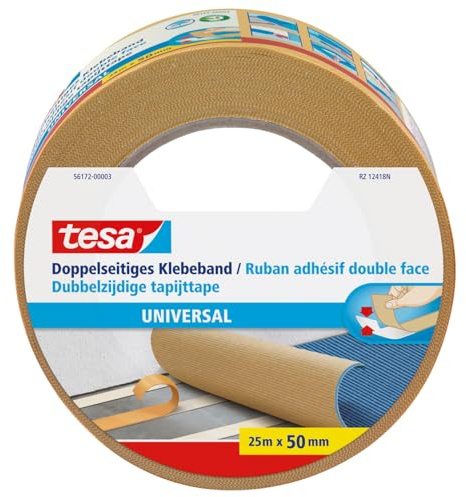 tesa Doppelseitiges Klebeband Universal - Vielseitiges Klebeband für Verpackungen, Deko und Teppiche oder zum Basteln - 25 m x 50 mm