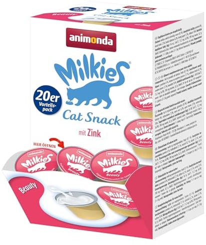 animonda Milkies Katzensnack mit Milch - Cups Beauty (20 Cups à 15 g), leicht verdauliche Katzenmilch für Erwachsene Katzen, Milch-Snack ohne Soja und Zucker