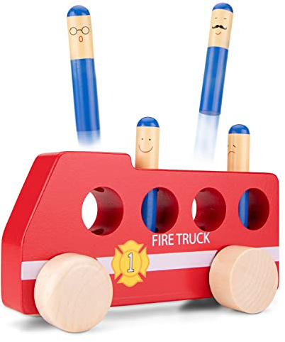 New Classic Toys - Holzspielwaren Spiel Fahrzeug, Balance Spiel | Feuerwehrauto, Schiebefahrzeug, Pop-up-Aktivitätsspielzeug, Ursache und Wirkung, Lernspielzeug, Feinmotorik, ab 2 Jahren