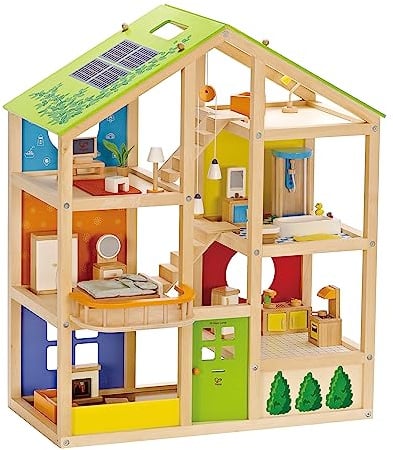 Hape Vier-Jahreszeiten Puppenhaus - aus Holz, Preisgekröntes dreistöckiges Puppenhaus mit Mobiliar, Zubehör, verschiebbaren Treppen und wendbarem Dach für Jede Jahreszeit, für Kinder ab 3 Jahren