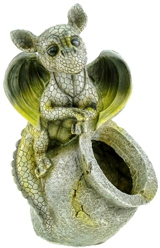 Kremers Schatzkiste Drachenkind Gartenfigur Drache mit Pflanztopf Übertopf 28cm Polyresin Übertopf - Antik-Look Pflanzkübel - Verwitterte Steinoptik Gartendeko groß UV-Fest Wetterfest
