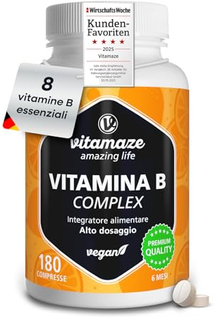 Vitamin B Komplex hochdosiert & vegan, 180 Tabletten für 6 Monate, B1, B2, B3, B5, B6, B7, B9, B12 Vitamine in einer Tablette, Natürliche Nahrungsergänzung ohne Zusatzstoffe, Made in Germany