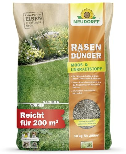 Neudorff RasenDünger Moos- und UnkrautStopp 10 kg für 200 m² mit Eisen und Kalium sorgt für einen dichten, grünen Rasen ohne Moos und Unkraut - schonend für Haustiere