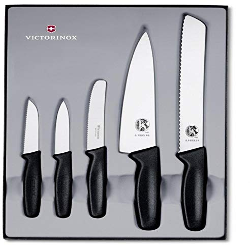 Victorinox 5-teiliges Küchenmesser-Set (Gemüsemesser, Tomaten- und Tafelmesser, Tranchiermesser, Brotmesser, Spülmaschinengeeignet) schwarz