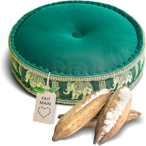 livasia Meditationskissen mit Thaiseide - Ø 45x15cm - Yogakissen mit Kapok, Pouf, Bodenkissen für Yoga und Zen Meditation, Sitzkissen für Garten und Balkon, Zafukissen (Dunkelgrün/Elefanten Seide)