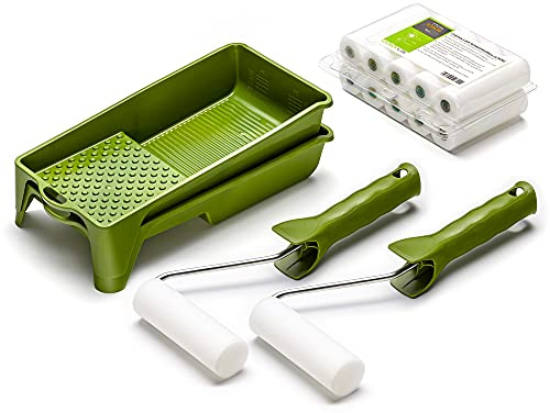 Colorus Lackierset 10 x Schaumwalze 11 cm fein gerade | 2 x Farbroller Bügel | 2 x Farbwanne | Malerset Lackierwalzen Lackierrolle Schaumstoff Rollen | Bügel Farbrollen Set klein| Lackwanne Set