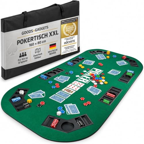 GOODS+GADGETS® Pokermatte XXL 160x80 cm - Faltbare Pokertischauflage | Für 8 Spieler, klappbar auf 80x40 cm – Texas Hold'em Filzbezug, 8 Getränkehalter & Chiptrays