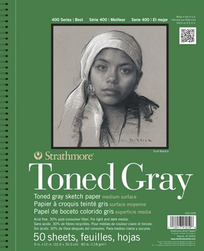 STRATHMORE Toned Gray Sketch, 400er Serie, graues, recyceltes Skizzenpapier, mittlere Körnung, 118 g/m², an der langen Seite Spiralgebundener Block, 23 x 31 cm, Grau, 50 Blatt