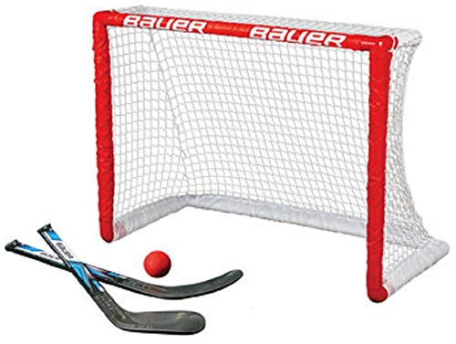 BAUER - Knee Hockey Tor Set inkl. Sticks & Ball I Outdoor-/Indoor Tor I Inline-Hockey I Tor für Hockeybälle & Pucks I Streethockey-Training I Feldhockey I inkl. 2 Mini Sticks & Schaumstoffball - Rot