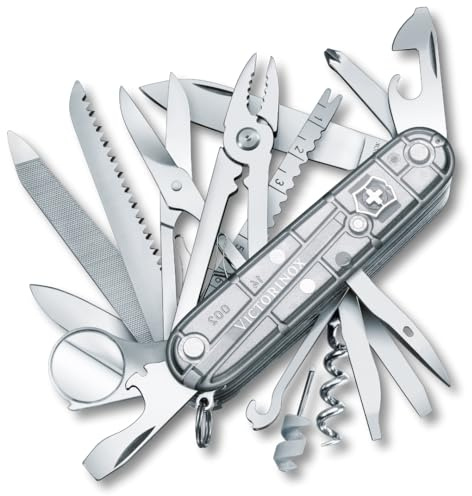 Victorinox Swiss Champ Schweizer Taschenmesser - Multitool, 33 Funktionen | Mit Schere, Kombi-Zange und Lupe. Ideal für Outdoor, Angeln und Alltag. 91 mm Länge, ABS-Schale in Silber Transparent.