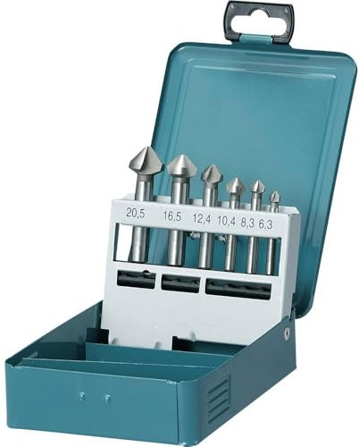 Makita D-42204 Kegelsenker-Set 6-teilig in Metallkassette, 90° Schneiden, Ø 6,3 - 20 mm, HSS-Stahl, für bspw. Metall, NE-Metall oder Holz, DIN335, Rundschaft