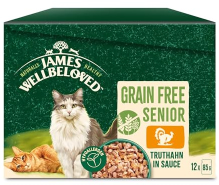 James WELLBELOVED 12 x 85g Katze Senior Portionsbeutel Nassfutter ohne Getreide, Truthahn in Sauce