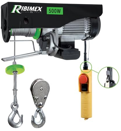 Ribimex Elektrischer Seilzug 125/250 kg mit Umlenkrolle, 500 W Motor, 18 m Stahlseil, Hubgeschwindigkeit bis 8 m/min, Not-Aus-Schalter, ideal für Heim- und Industrieeinsatz – PE125/250C/1