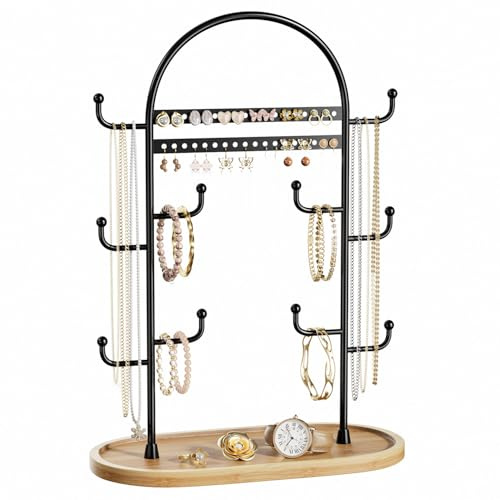 niffgaff Schmuckständer Schmuck Organizer Schmuckaufbewahrung Jewelry Organizer Ohrring Aufbewahrung Schmuckbaum Holztablett Schwarz 32cm Groß