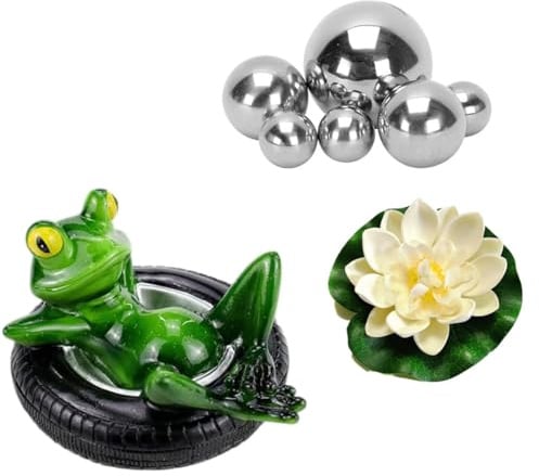 Super Idee Miniteich Deko Set Schwimmfrosch mit 6 Silber Kugeln und 2 STK Lotusblüte für Miniteich Terrassenteich Zinkwannen Solarbrunnen Garten Balkon Teiche Deko (Frosch auf Reifen)