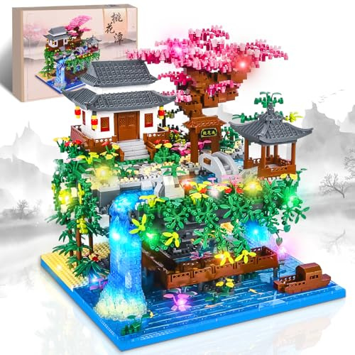 Charmofun 3320PCS Micro Bausteine, Klemmbausteine Haus mit LED, Botanical Garten-Set für Erwachsene mit Pfirsichblüten, Architecture Creative Geschenk Weihnachten für Frauen und Männer