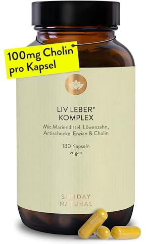 SUNDAY NATURAL® Leber Komplex - 180 Kapseln - mit Mariendistel, Cholin, Artischockenextrakt, Löwenzahn & Enzianwurzel - Hochdosiert, vegan, laborgeprüft in Deutschland