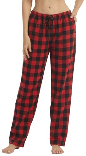 YUSHOW Schlafanzughose Damen Lang Flanell Baumwolle Karierte Pyjamahose Winter Weich Nachtwäsche Hose Freizeithose mit Taschen und Kordelzug, Rot Schwarz Kariert Größe M