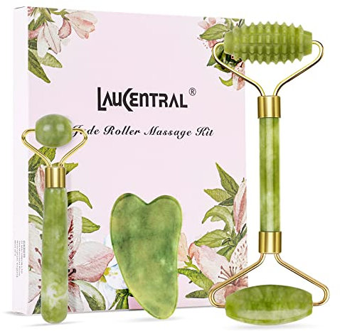 LauCentral-Teile: Jade-Roller und Gua-Sha-Massage-Sets, natürlicher Anti-Aging-Gesichtsroller von LauCentral zur Behandlung von Augenschwellungen, Hautstraffung, verjüngtem Gesicht und Hals, natürlich