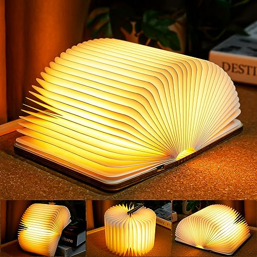 TRUMPETS Faltbare LED Buchlampe aus Holz, USB-C aufladbar, dekorative Nachttischlampe，12 * 9cm | Warmweiß