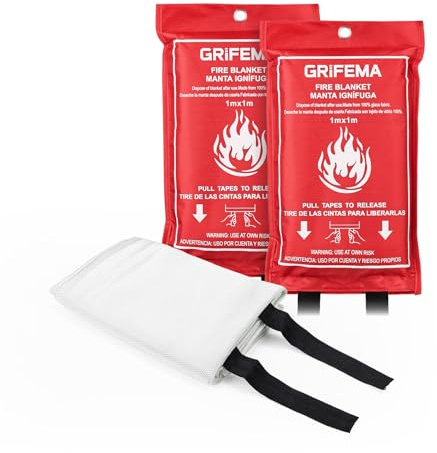 GRIFEMA Löschdecke für Küche 2er Pack, Feuerlöschdecke 1x1m, Brandschutzdecke mit Schnell-Entfaltung (EN1869:2019) - Ideal für Haushalt, Grill, Kamin, Auto, Büro & Lager, GA3002
