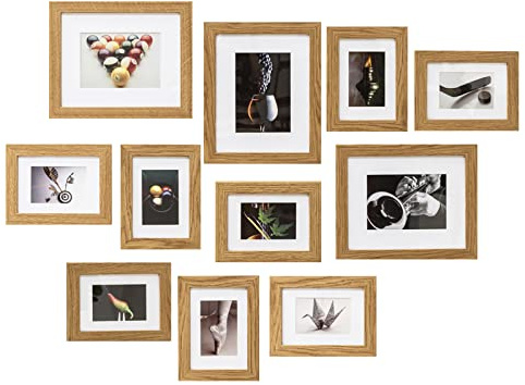Muzilife Bilderrahmen 11er Set mit Passepartout, Fotorahmen für Fotos Collagen in 8pcs 17x12cm + 3pcs 19x24cm, für Galerien Restaurants Wohnung (Oak)