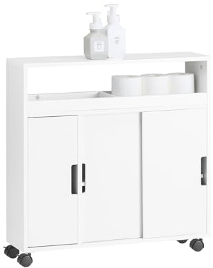 SoBuy Badezimmerschrank Nischenschrank auf Rollen 70x71x20 cm | Schmaler Schrank mit 2 Schiebetüren & offener Ablage Badmöbel Kommode für Bad, WC, kleine Räume Weiß BZR02-W