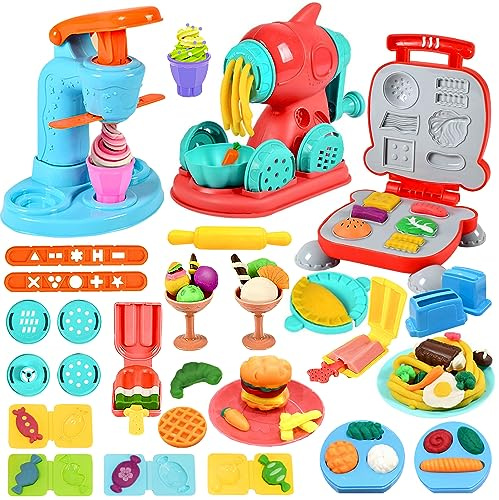 VBACALA 3-in-1 Knete Set Kinder 51 Stück, Knetmaschine für Eiscreme, Nudeln & Burger, mit 12 Dosen Knetmasse, Knetspielzeug mit Formen & Zubehör, Kreatives Geschenk für Kinder ab 3 Jahren