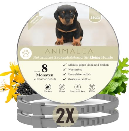 Animalea® [2 Stück] Zeckenhalsband für kleine Hunde - verbesserte Formel mit Schwarzkümmelöl - 100% Natürlich - bis zu 8 Monate wirksamer Schutz gegen Zecken Flöhe Läuse Ungeziefer