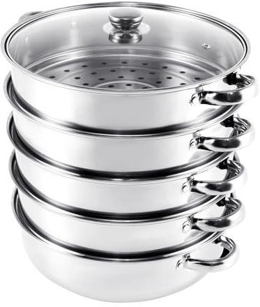 KayEsampra Dampfgarer aus Edelstahl mit Glasdeckel, 5 Ebenen, 30 cm, Topf Töpfe, Induktionsherd, Dämpfkorb, Silber