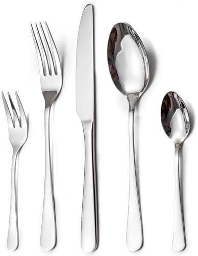 LAZAHOME Besteck Set, Edelstahl Spiegelpoliert 30 teilig Besteckset für 6 Personen, Essbesteck Set mit Messer Gabel Löffel für Familie/Party/Hotel/Restaurant, Silber Tafelbesteck, Spülmaschinenfest