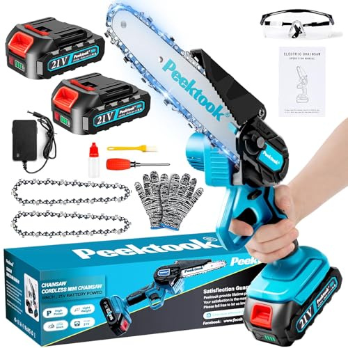 Mini Kettensäge mit Akku, 6 Zoll Akku kettensäge mit 1000W Bürstenloser Motor und 4000mAh Akkus, Mit 2 Ketten und Sicherheitsverriegelung, Handkettensäge Akku für Gartenscheren Astschere Holzschneiden