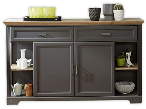 Stella Trading JASMIN Sideboard in Artisan Eiche Optik, Graphit - Kommode mit Schubladen und viel Stauraum im Landhausstil - 171 x 102 x 48 cm (B/H/T)