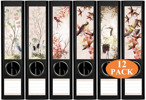 Kecdru Ordnerrücken Selbstklebend Breit 12 Stück 6 Stile Blumen Vogel Design Aufkleber Breite Ordner Rücken Dekorieren Sticker Rückenschilder Etiketten (Blumen Vogel)