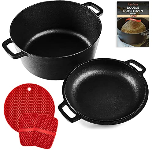 Uno Casa Dutch Oven aus Gusseisen mit Deckel - Vorbehandeltes 2-in-1-Kochset mit 4,7 L Topf und 1,5 L Pfanne - Gusseisentopf und Deckel als Gusseisenpfanne
