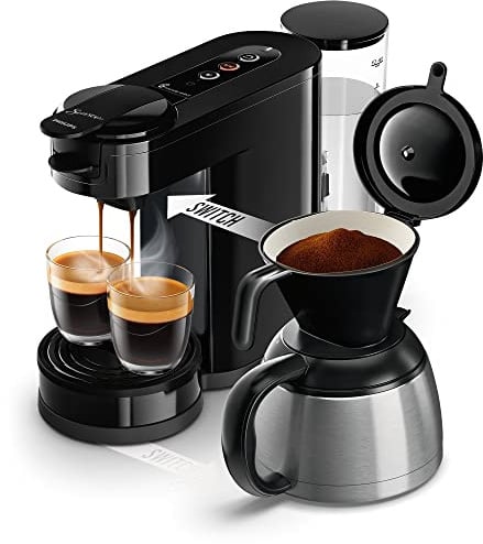 Philips Senseo Switch Pad- und Filterkaffeemaschine, 2-in-1-Brühtechnologie, 1-Liter-Wasserbehälter, 7 Tassen in einem Durchgang, Klavierlackschwarz (HD6592/64)