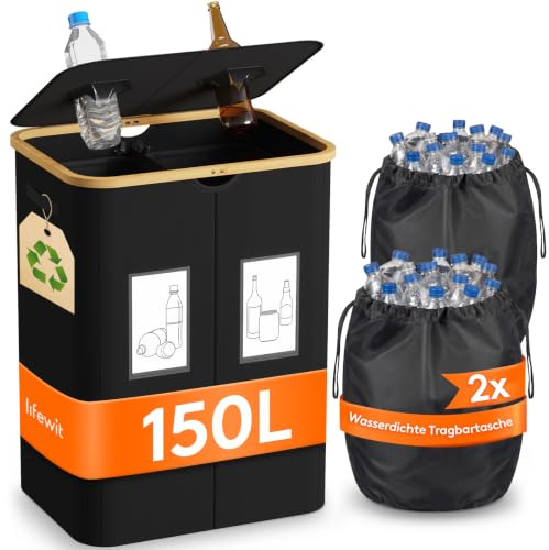 Lifewit 150L Pfandflaschen Sammelbehälter mit 2 Fächern und Deckel, Schwarz | Großer Leergut Sammelbehälter und Flaschensammler mit Deckel und 2 herausnehmbaren Taschen für Küche und Abstellraum