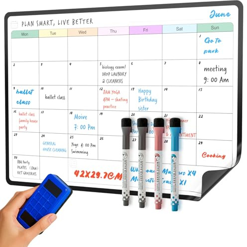 SURFOU Whiteboard Magnetisch für Kühlschrank, A3 Monatsplaner Abwischbar, für Zuhause & Büro, Menüplaner Einkaufsliste To Do Liste, mit 4 Whiteboardmarkern und 1 Radierer